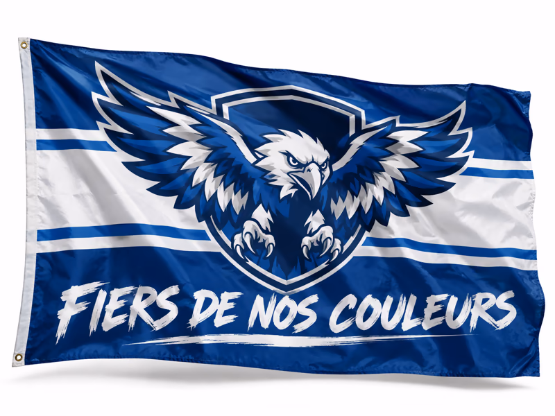 Maquette de drapeau de tribune bleu et blanc à l'aigle, inscription « Fiers de nos couleurs »
