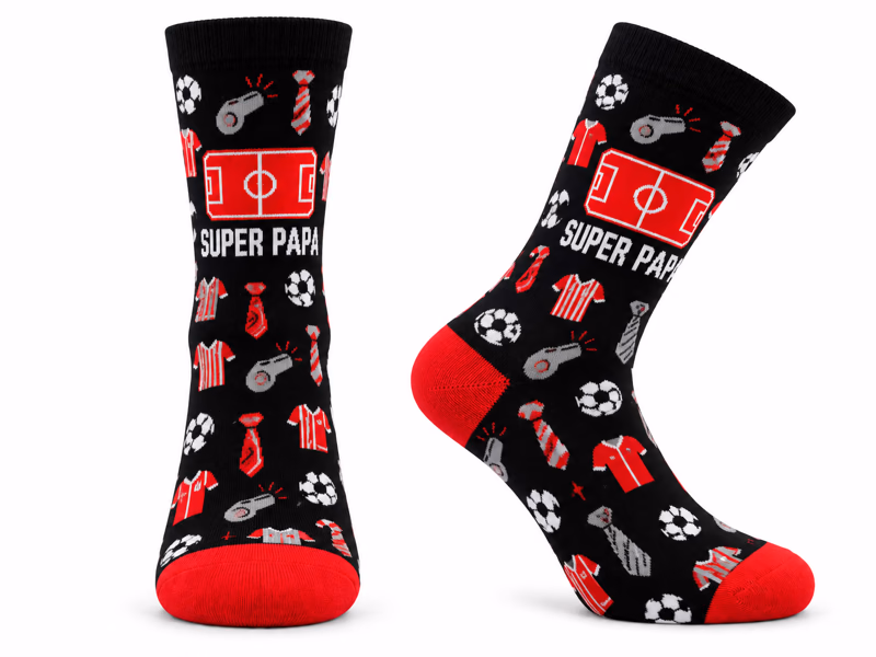 Maquette de chaussettes personnalisées — édition Fête des pères, motifs tricotés aux couleurs du club