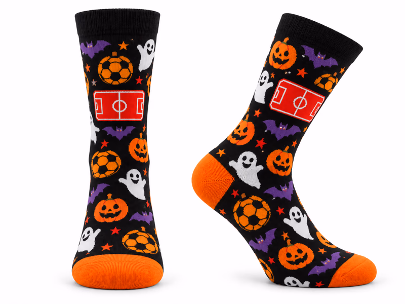 Maquette de chaussettes personnalisées — édition Halloween, motifs tricotés aux couleurs du club