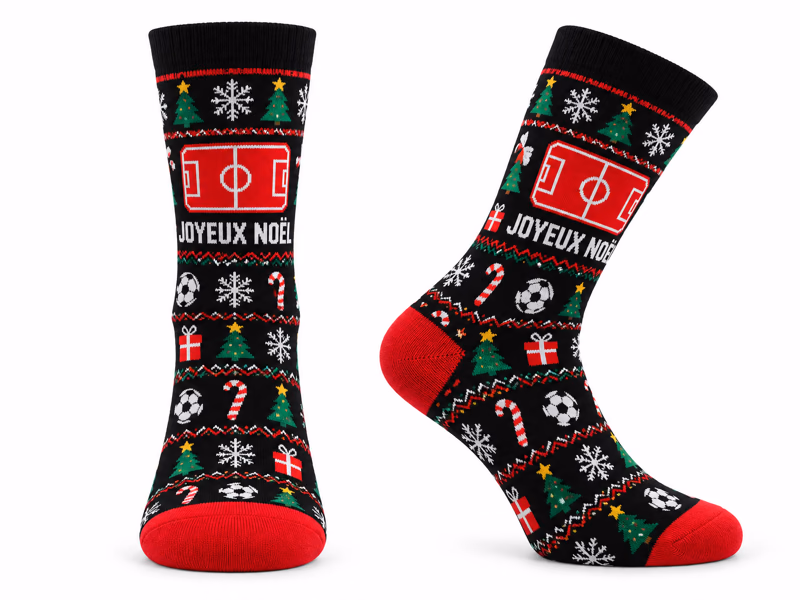 Maquette de chaussettes personnalisées — édition Noël, motifs tricotés aux couleurs du club
