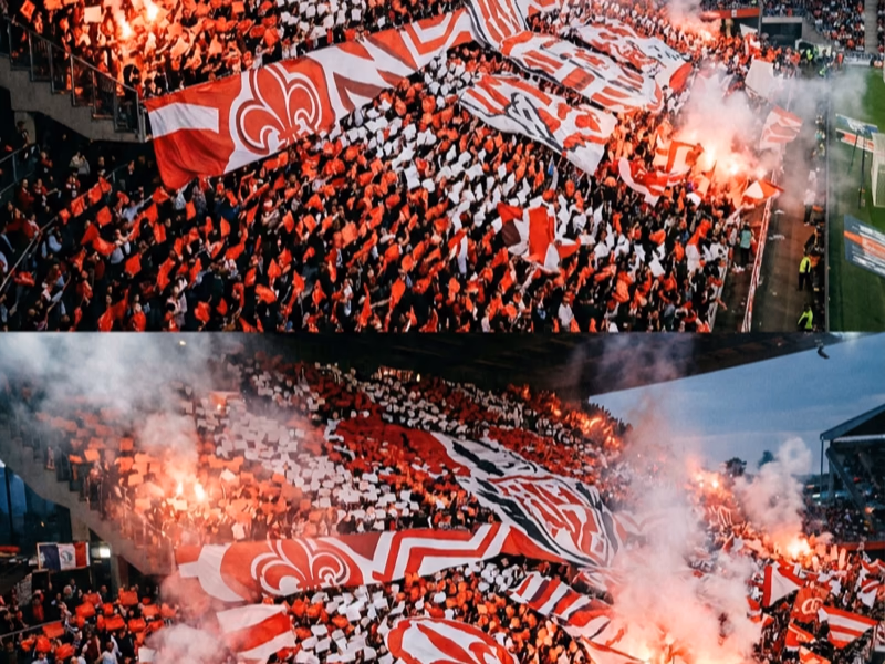 Vue aérienne tribune supporters avec drapeaux déployés