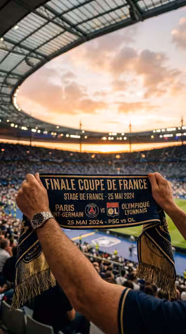 Écharpe supporter classique tissée jacquard, couleurs club et logo, brandie en tribune par des supporters