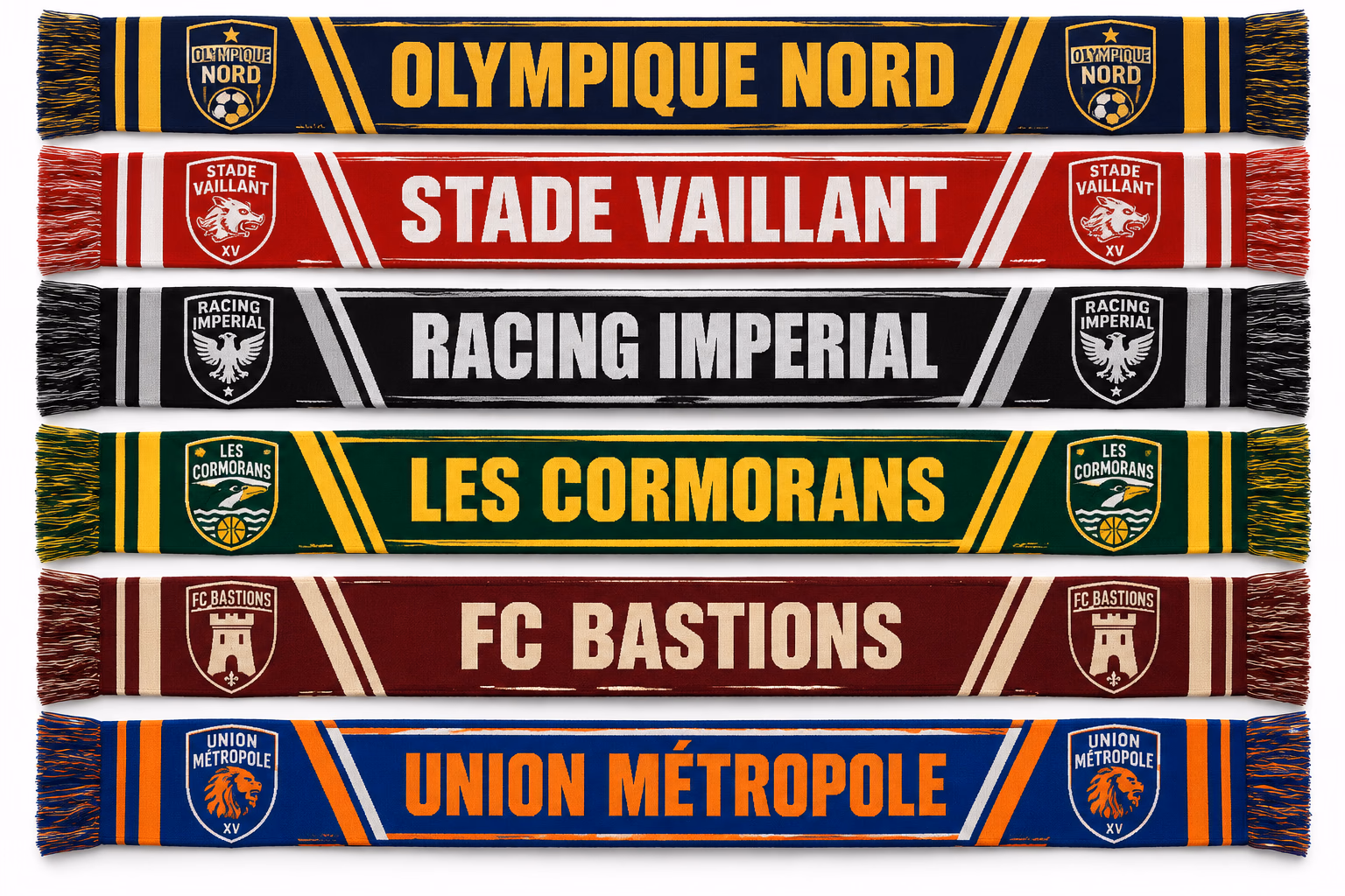 Maquettes d'écharpes personnalisées sublimées, plusieurs clubs fictifs aux couleurs variées