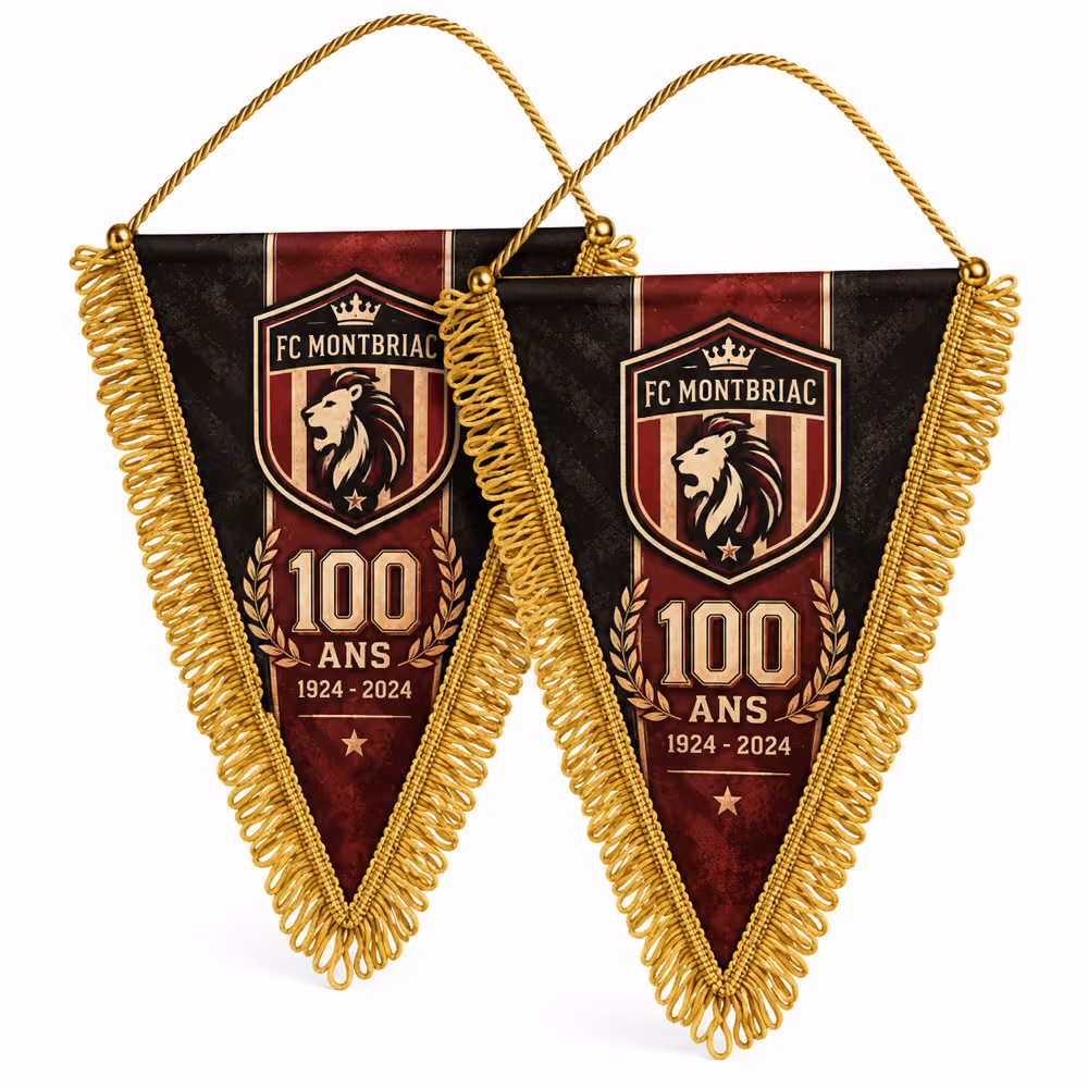 Exemple de maquette de fanion triangle d’anniversaire « 100 ans » à franges, écusson d’un club fictif (FC Montbriac)