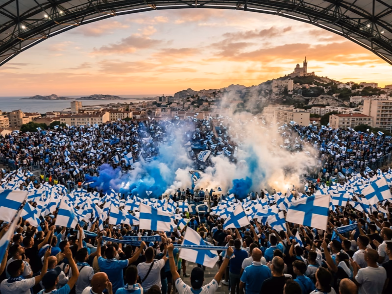 Drapeau marseillais ciel et blanc en tribune au Vélodrome illustrant l'animation supporters OM avec Notre-Dame de la Garde en arrière-plan