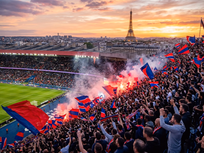 Drapeau parisien rouge et bleu en tribune au Parc des Princes illustrant l'animation supporters PSG avec Tour Eiffel en arrière-plan