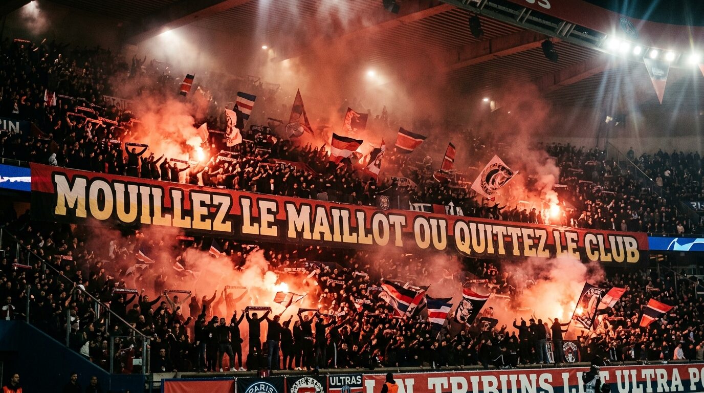 Tifo MOUILLEZ LE MAILLOT en tribune française illustrant le savoir-faire d'un fabricant français d'expérience