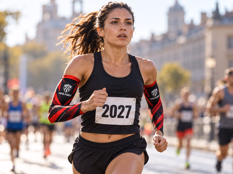 Coureuse portant des manchettes personnalisées rouge et noir pendant une course
