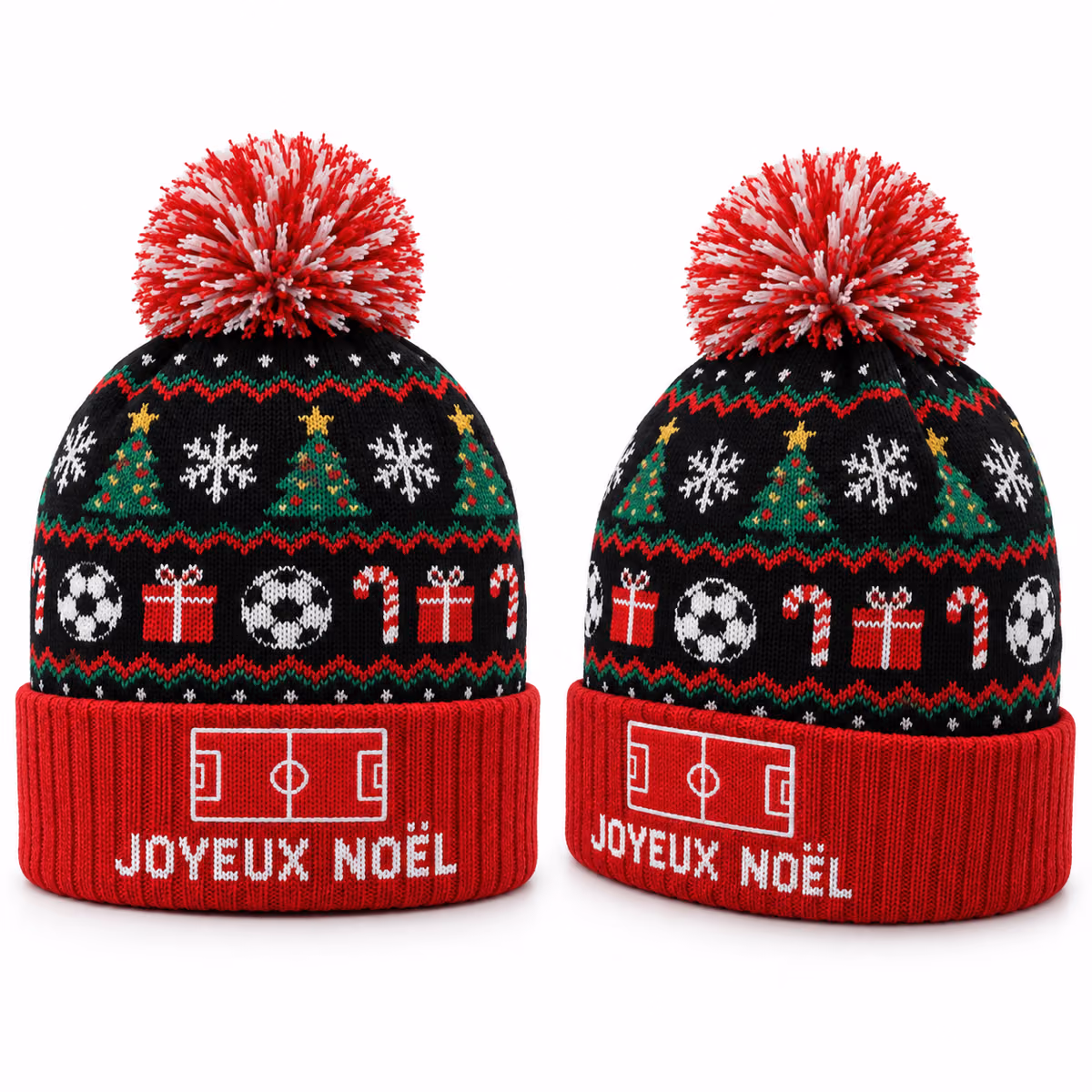 Bonnets de Noël à pompon tricotés, motifs sapins, flocons et ballons, revers brodé Joyeux Noël